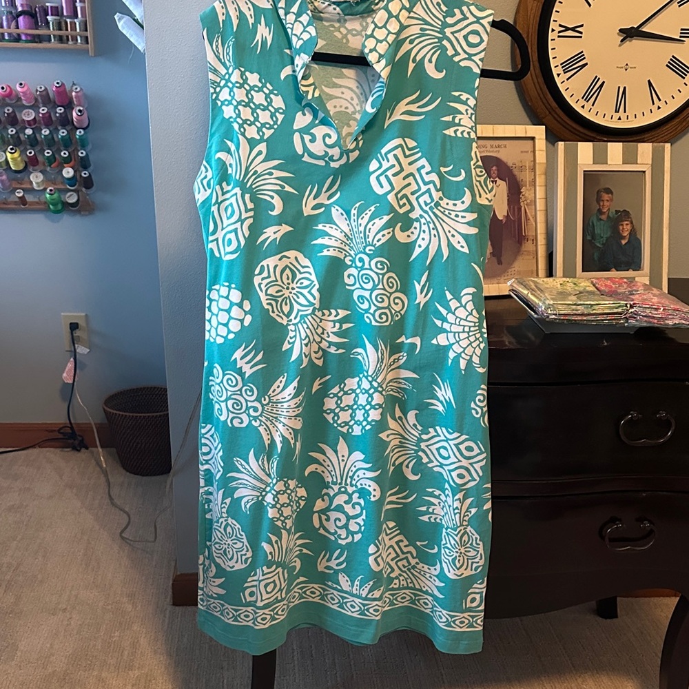 Elegant Teal and White Floral Tropical print Dress, size large